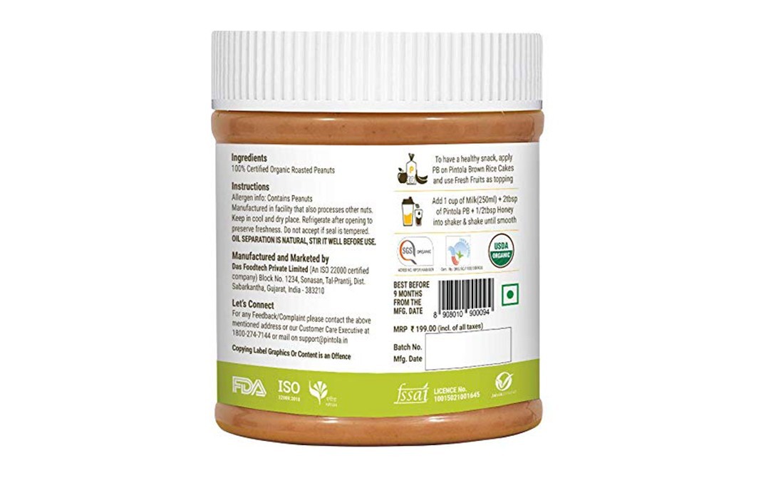 Pintola Peanut Butter Organic Crunchy Unsweetened   Plastic Jar  350 grams